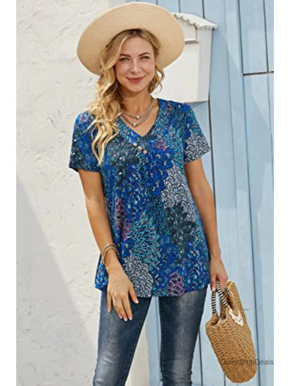 Women's Tunic Short Sleeve V Neck Loose Floral Blouse